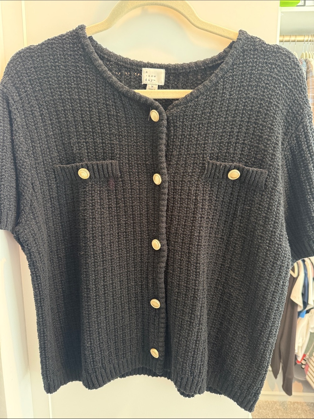 A New Day Textured Black Knit Button-Front Sweater